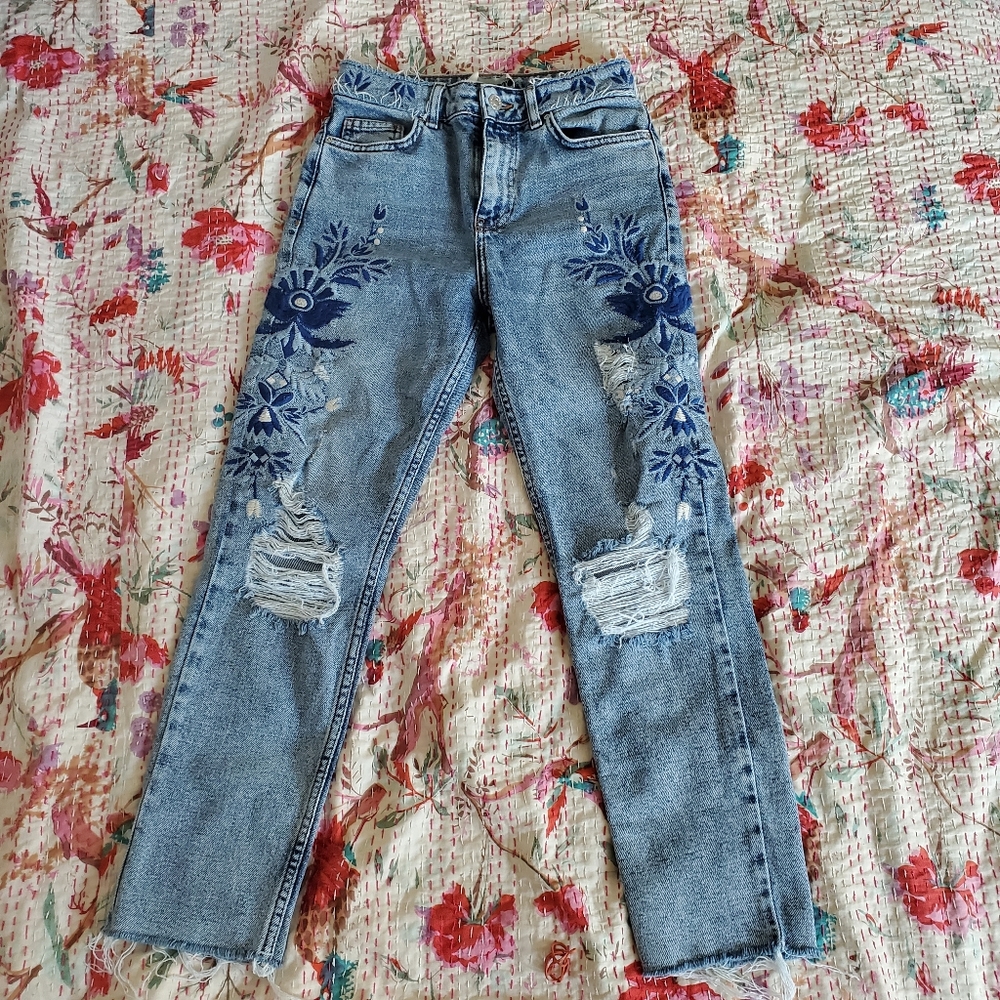 Topshop Embroidered Ripped Jeans